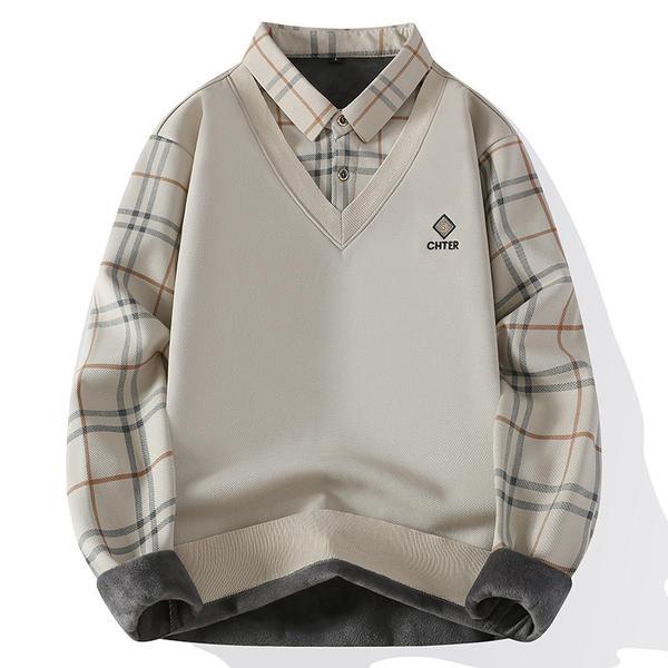 V-Neck Layered Sweater Shirt with Check Collar – Premium Winter Casual Wear