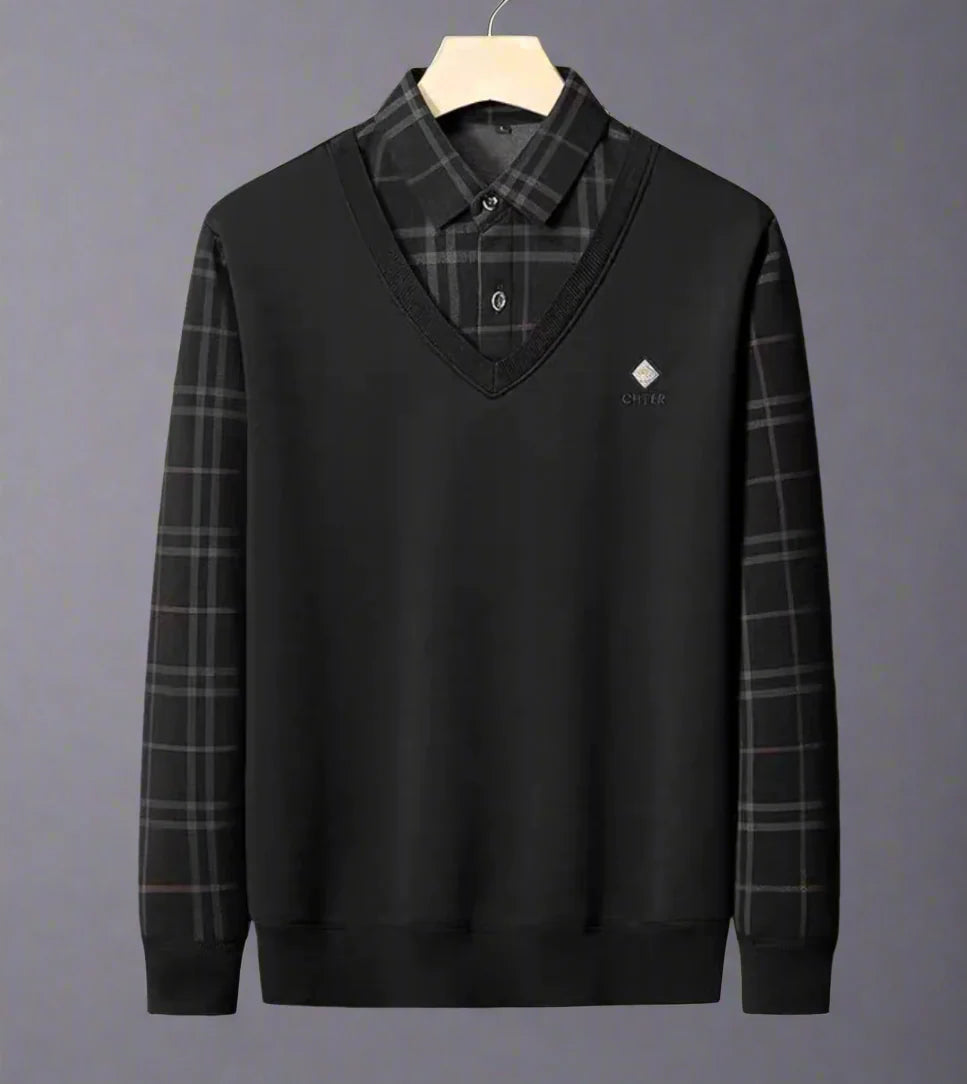 Premium V-Neck Winter Sweater with Built-In Checked Shirt Collar – Soft Warm Casual Wear