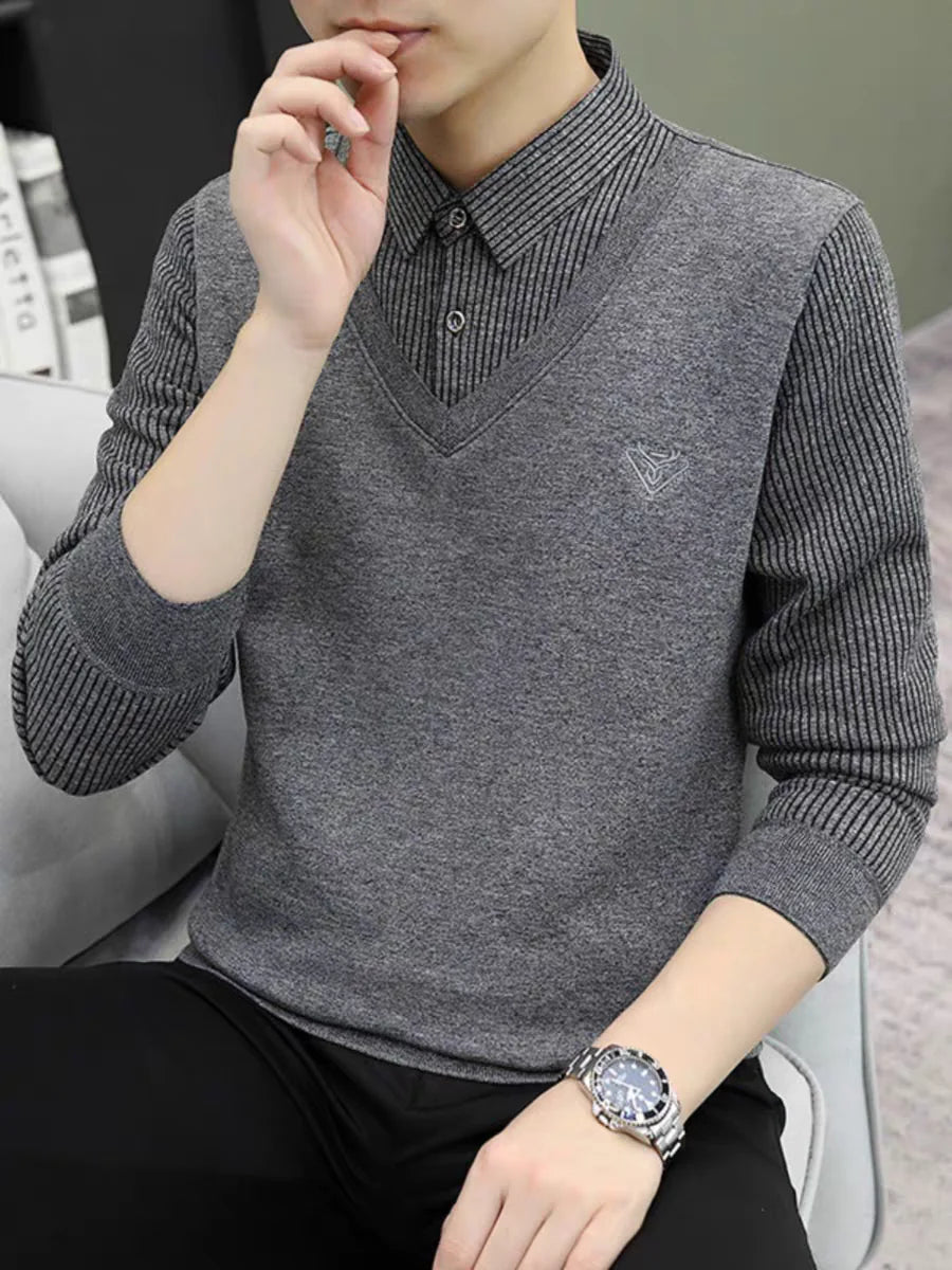 Premium V-Neck Sweater with Collar Shirt – Winter Warm Knit Pullover