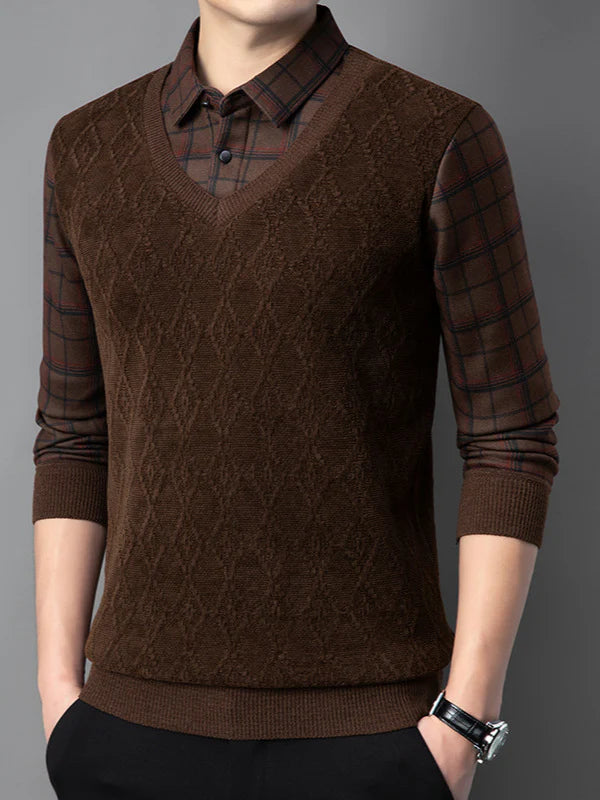 V-Neck Layered Sweater Shirt with Check Collar – Premium Winter Casual Wear