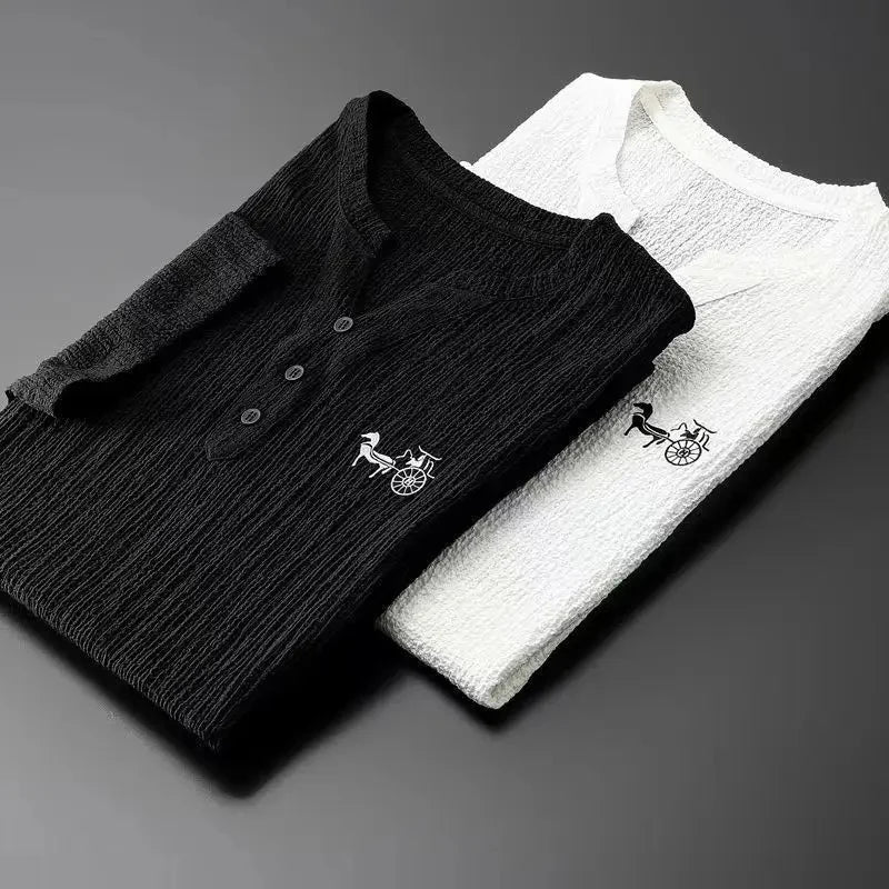 Premium Textured Henley T-Shirt – Button Neck Casual Wear