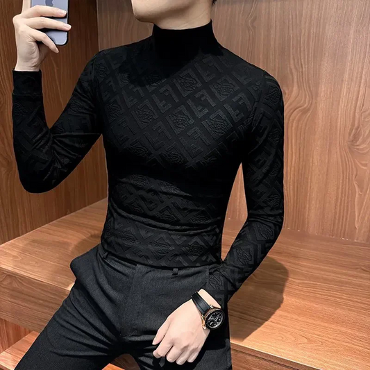 Textured Turtleneck Long Sleeve Shirt – Slim Fit Luxury Stretch Top