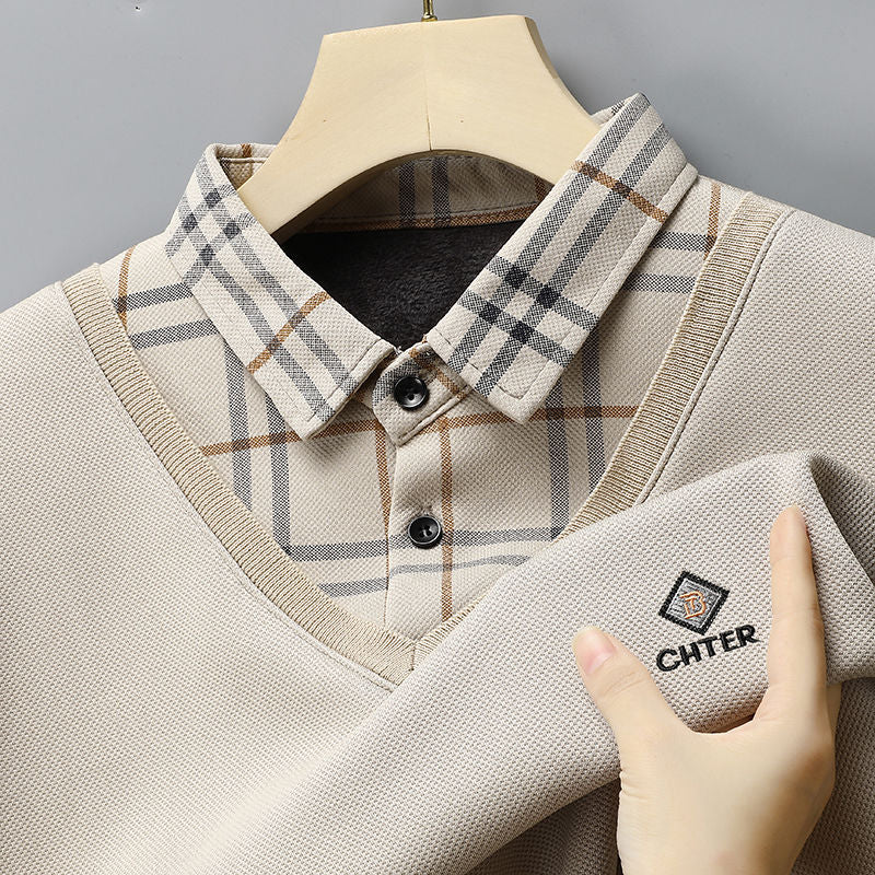 V-Neck Layered Sweater Shirt with Check Collar – Premium Winter Casual Wear