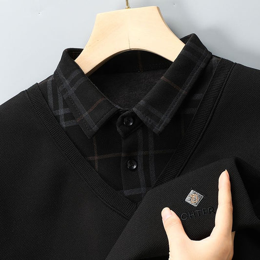 V-Neck Layered Sweater Shirt with Check Collar – Premium Winter Casual Wear