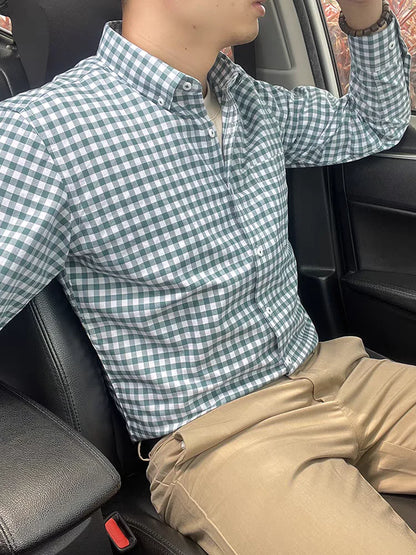 Green & White Checkered Formal Shirt – Premium Office & Casual Wear