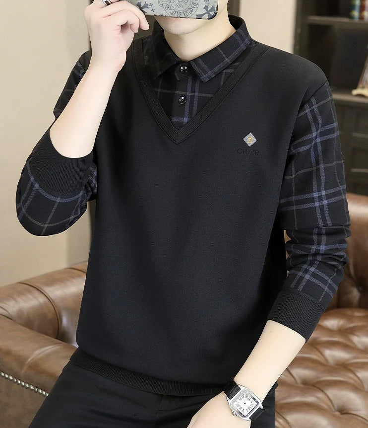 Premium V-Neck Sweater with Check Shirt Collar – Soft Knit Winter Wear