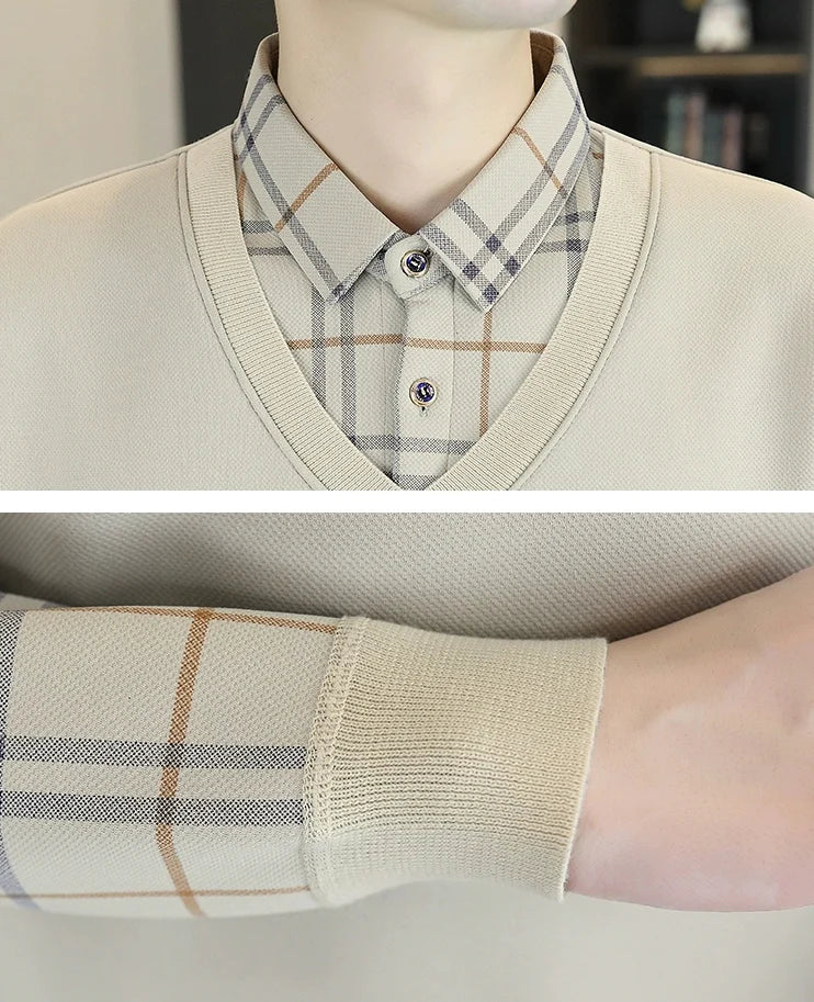 Premium V-Neck Sweater with Check Shirt Collar – Soft Knit Winter Wear