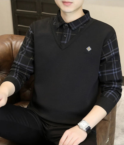 Premium V-Neck Sweater with Check Shirt Collar – Soft Knit Winter Wear