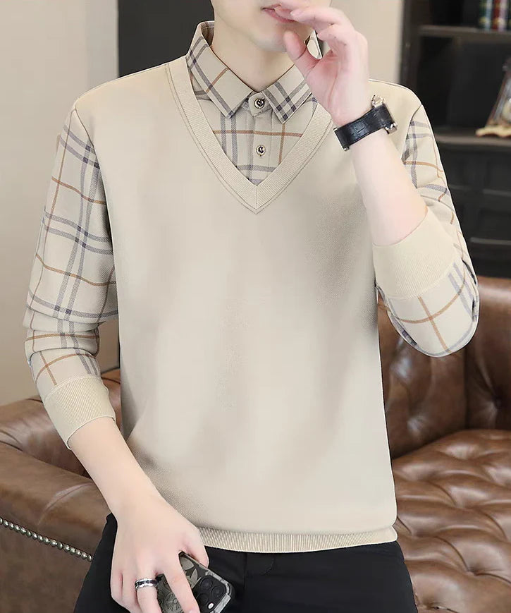 Premium V-Neck Sweater with Check Shirt Collar – Soft Knit Winter Wear