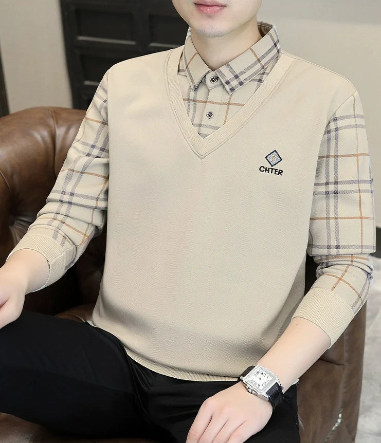 Premium V-Neck Sweater with Check Shirt Collar – Soft Knit Winter Wear