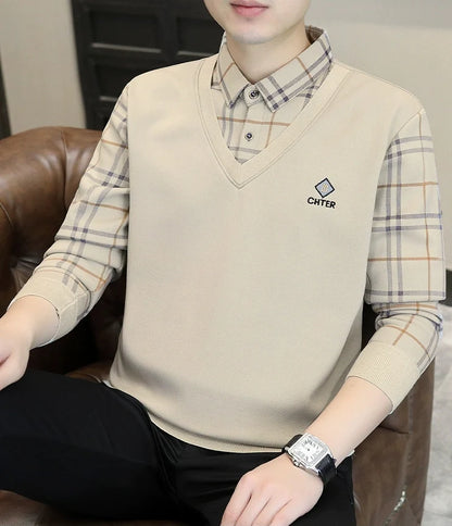 Premium V-Neck Sweater with Check Shirt Collar – Soft Knit Winter Wear