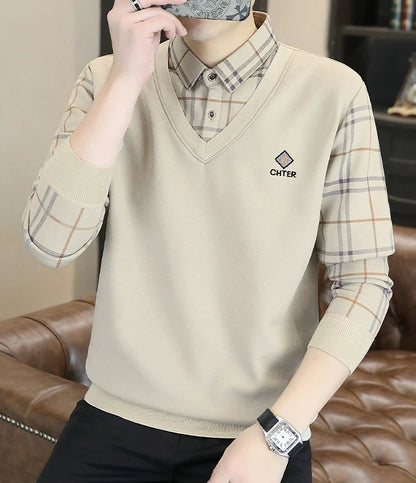Premium V-Neck Sweater with Check Shirt Collar – Soft Knit Winter Wear