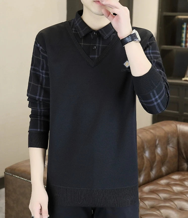 Premium V-Neck Sweater with Check Shirt Collar – Soft Knit Winter Wear