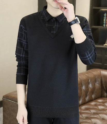 Premium V-Neck Sweater with Check Shirt Collar – Soft Knit Winter Wear