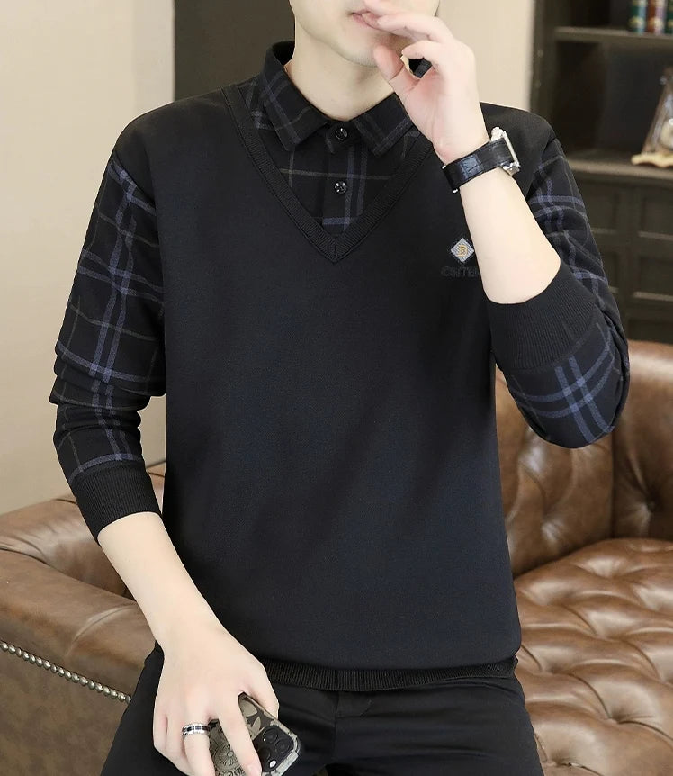 Premium V-Neck Sweater with Check Shirt Collar – Soft Knit Winter Wear