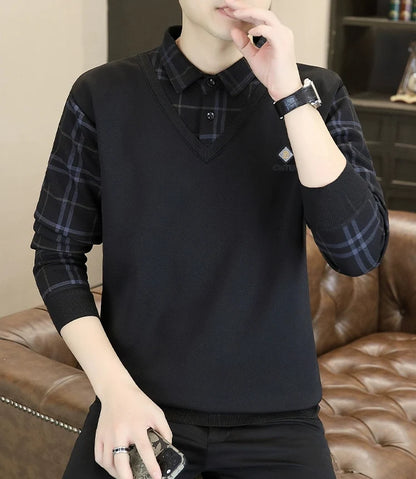 Premium V-Neck Sweater with Check Shirt Collar – Soft Knit Winter Wear