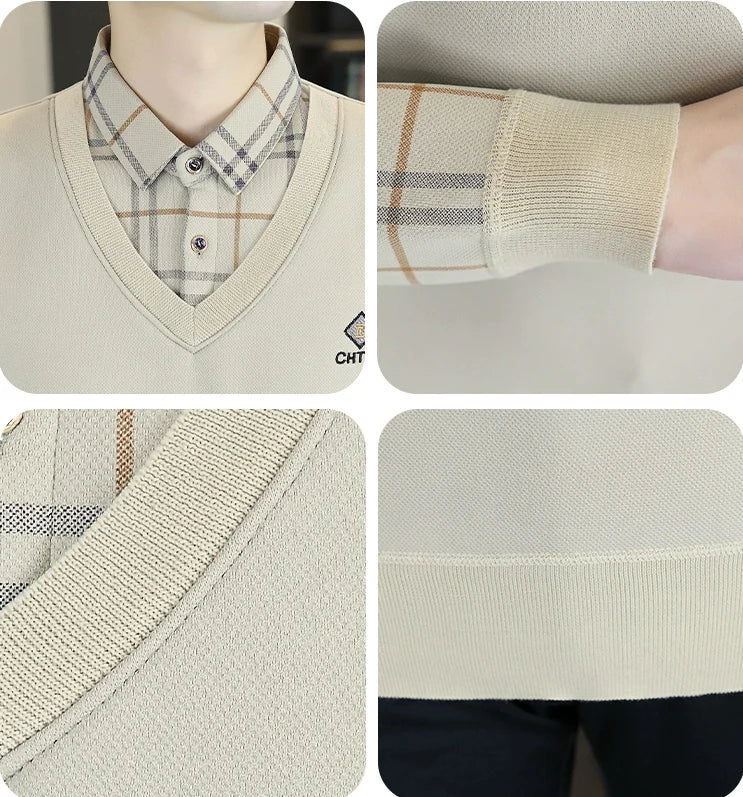 Premium V-Neck Sweater with Check Shirt Collar – Soft Knit Winter Wear