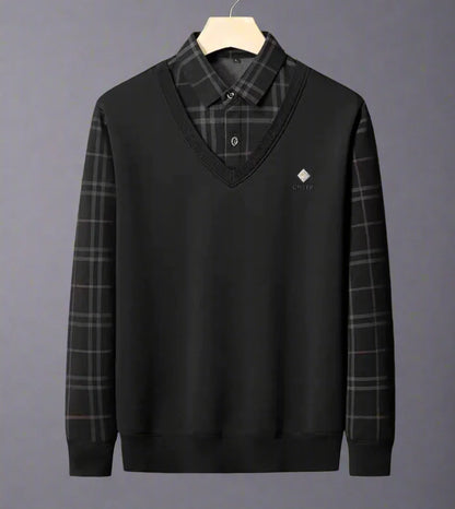 Premium V-Neck Winter Sweater with Built-In Checked Shirt Collar – Soft Warm Casual Wear