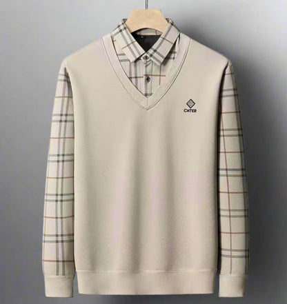 Premium V-Neck Winter Sweater with Built-In Checked Shirt Collar – Soft Warm Casual Wear