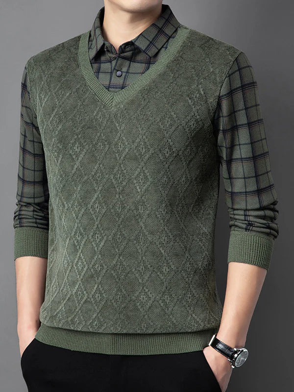 V-Neck Layered Sweater Shirt with Check Collar – Premium Winter Casual Wear