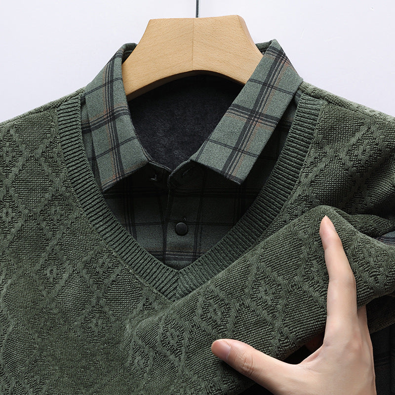 V-Neck Layered Sweater Shirt with Check Collar – Premium Winter Casual Wear