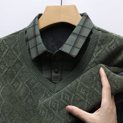 V-Neck Layered Sweater Shirt with Check Collar – Premium Winter Casual Wear