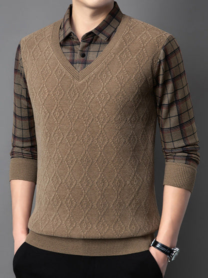 V-Neck Layered Sweater Shirt with Check Collar – Premium Winter Casual Wear