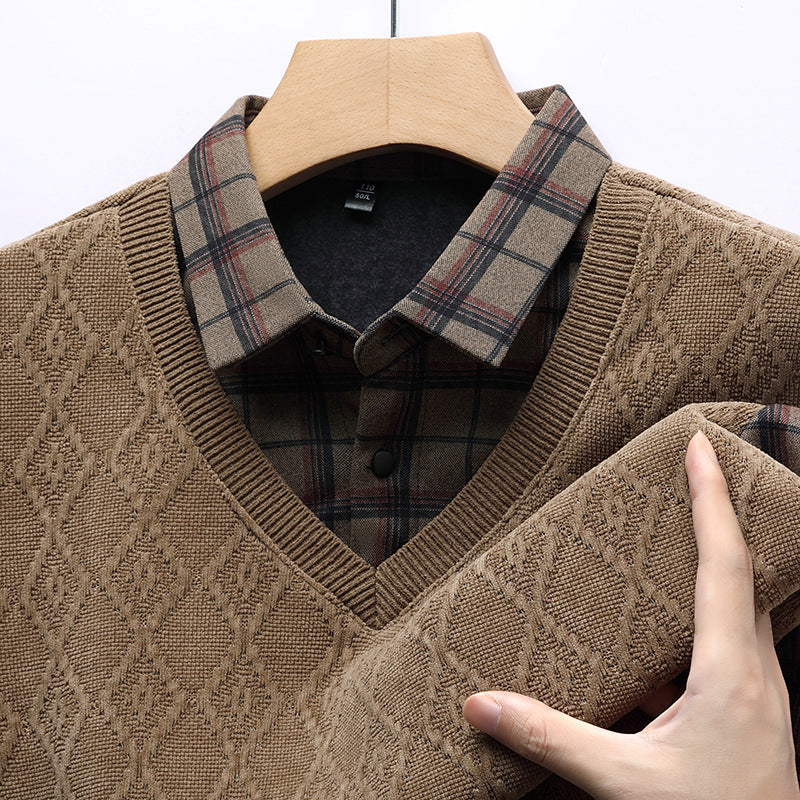 V-Neck Layered Sweater Shirt with Check Collar – Premium Winter Casual Wear