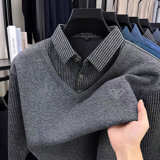 Premium V-Neck Sweater with Collar Shirt – Winter Warm Knit Pullover