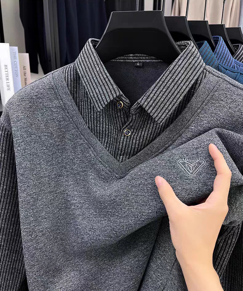 Premium V-Neck Sweater with Collar Shirt – Winter Warm Knit Pullover
