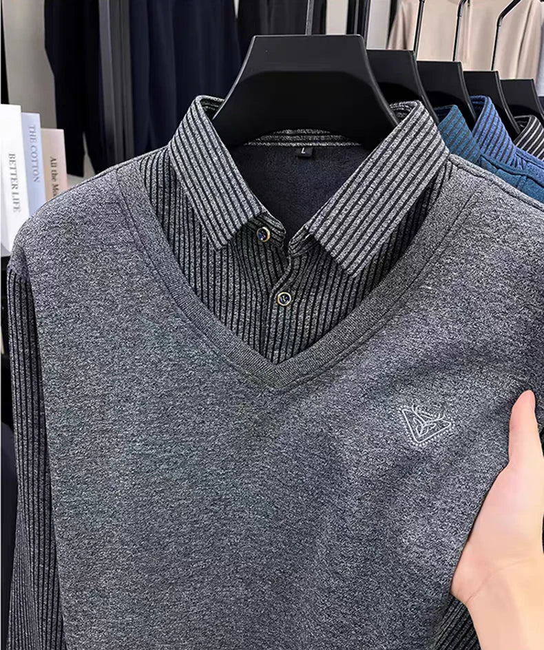 Premium V-Neck Sweater with Collar Shirt – Winter Warm Knit Pullover