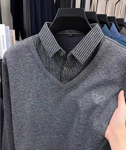 Premium V-Neck Sweater with Collar Shirt – Winter Warm Knit Pullover