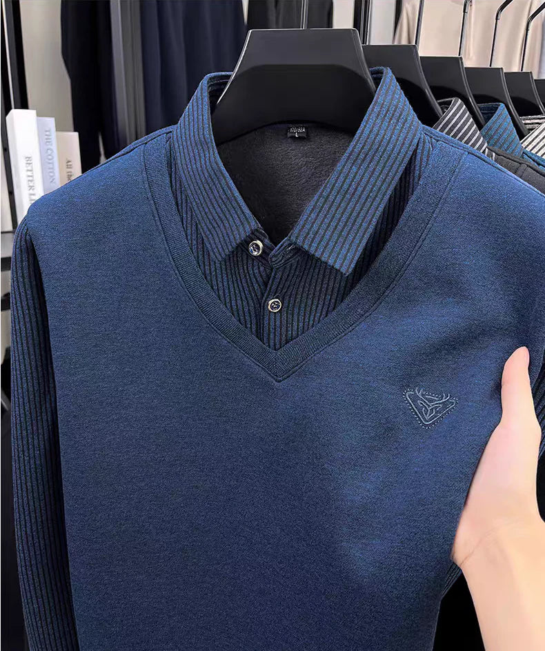 Premium V-Neck Sweater with Collar Shirt – Winter Warm Knit Pullover
