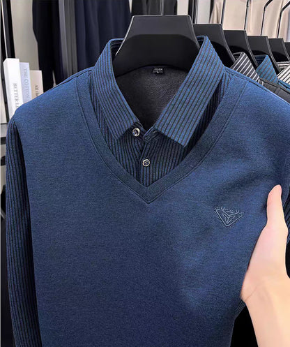Premium V-Neck Sweater with Collar Shirt – Winter Warm Knit Pullover