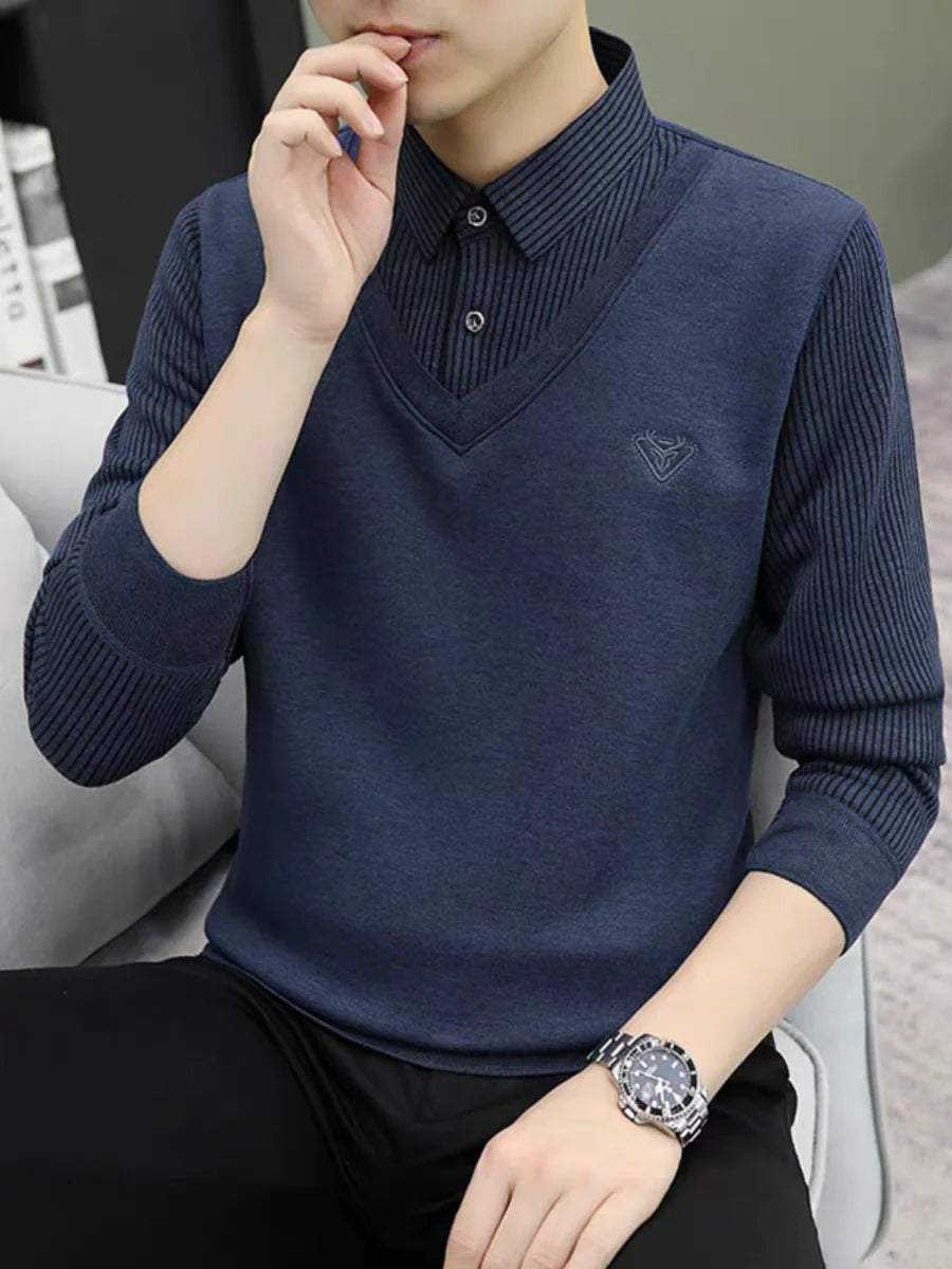 Premium V-Neck Sweater with Collar Shirt – Winter Warm Knit Pullover