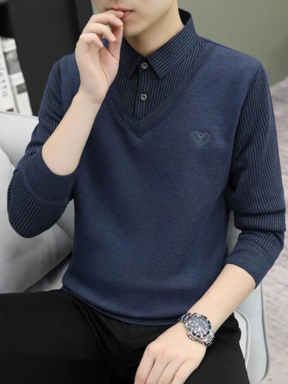 Premium V-Neck Sweater with Collar Shirt – Winter Warm Knit Pullover