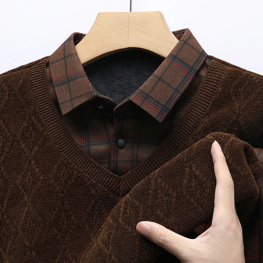 V-Neck Layered Sweater Shirt with Check Collar – Premium Winter Casual Wear