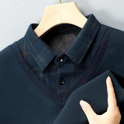 V-Neck Layered Sweater Shirt with Check Collar – Premium Winter Casual Wear