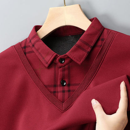 V-Neck Layered Sweater Shirt with Check Collar – Premium Winter Casual Wear