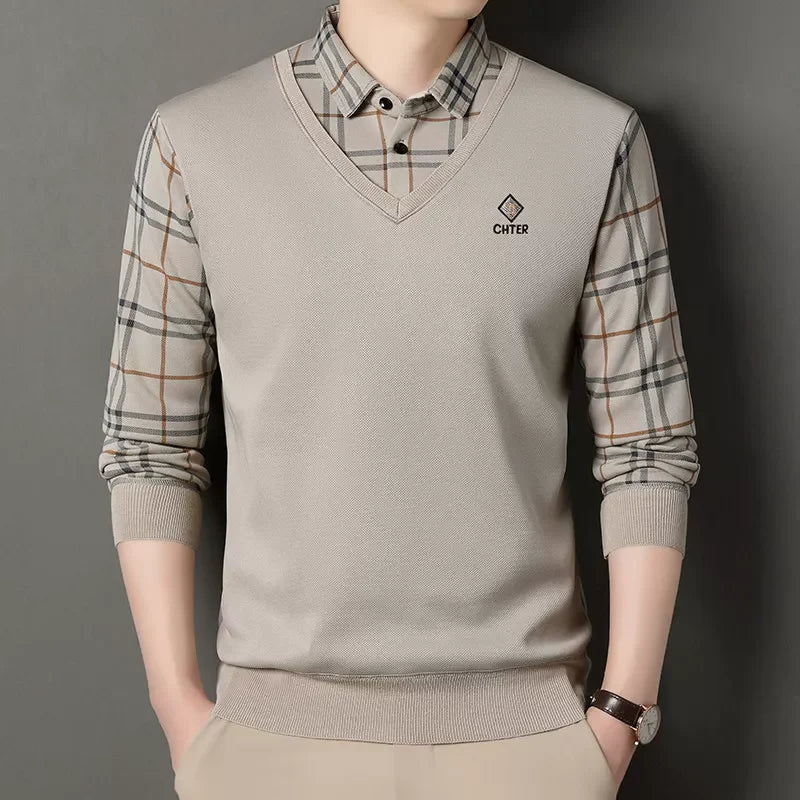 V-Neck Layered Sweater Shirt with Check Collar – Premium Winter Casual Wear