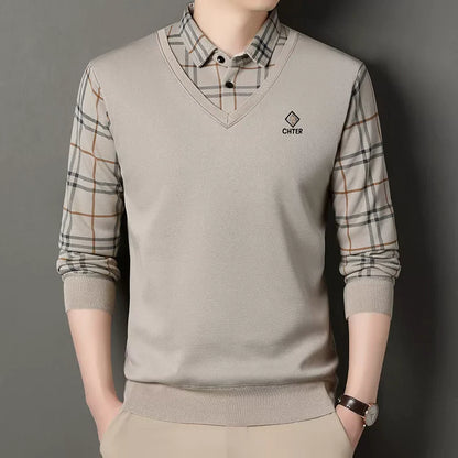V-Neck Layered Sweater Shirt with Check Collar – Premium Winter Casual Wear