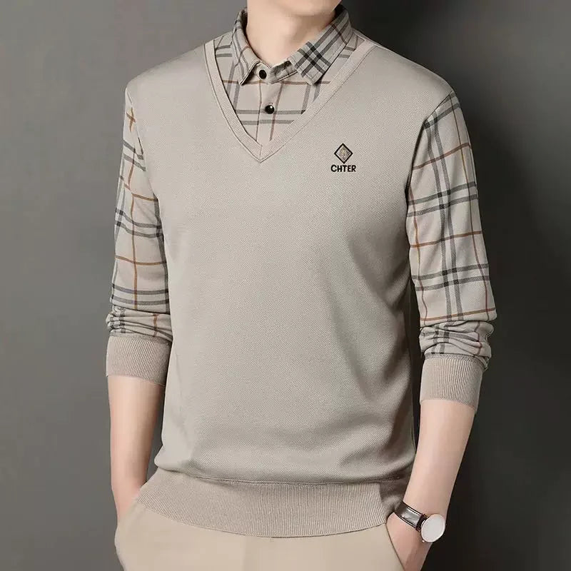 V-Neck Layered Sweater Shirt with Check Collar – Premium Winter Casual Wear