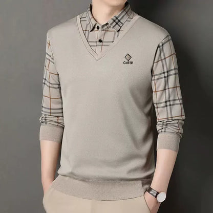V-Neck Layered Sweater Shirt with Check Collar – Premium Winter Casual Wear