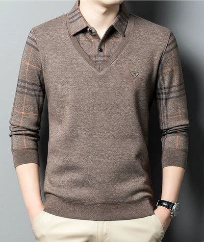 Premium V-Neck Sweater with Checked Collar – Warm Winter Knit Pullover