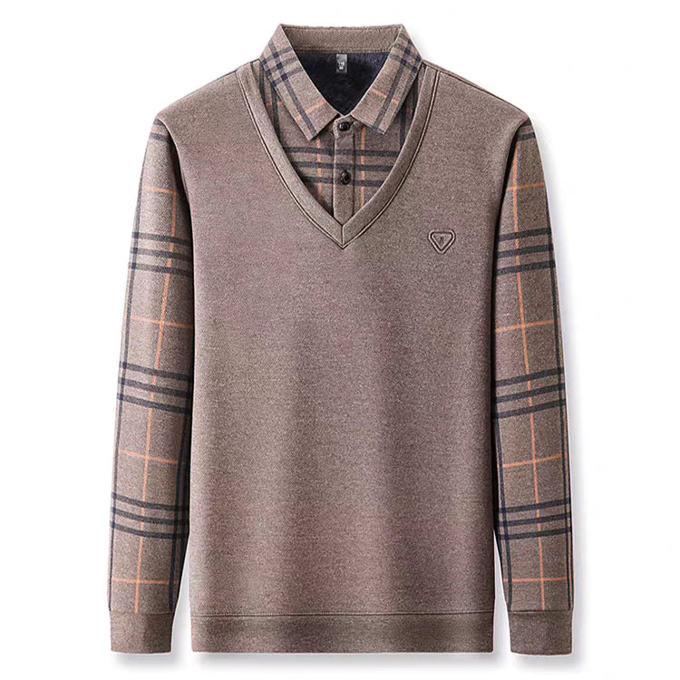 Premium V-Neck Sweater with Checked Collar – Warm Winter Knit Pullover