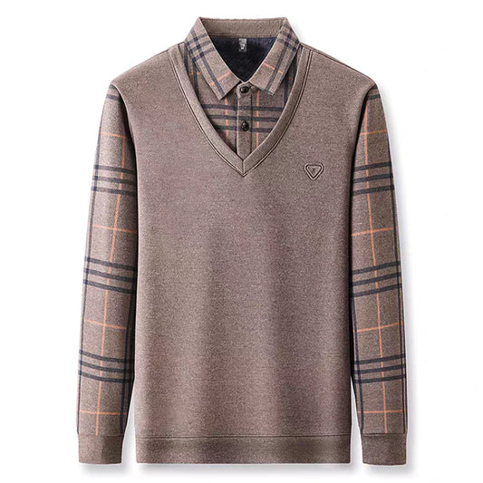 Premium V-Neck Sweater with Checked Collar – Warm Winter Knit Pullover