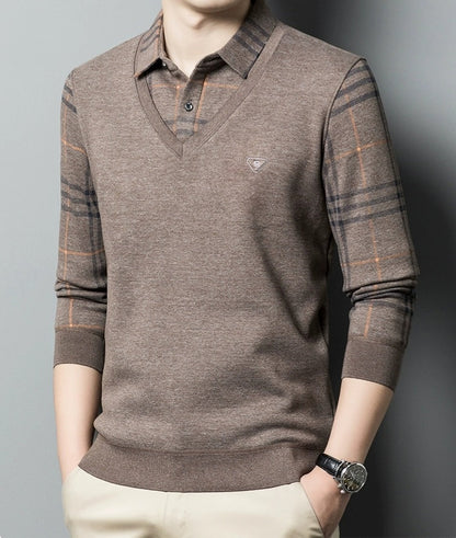 Premium V-Neck Sweater with Checked Collar – Warm Winter Knit Pullover