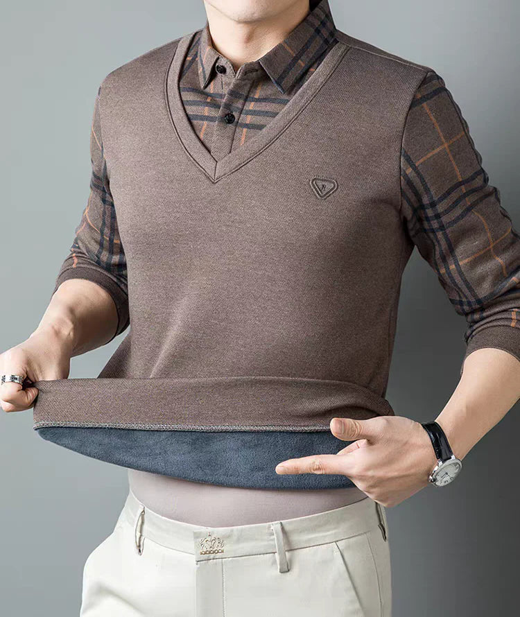 Premium V-Neck Sweater with Checked Collar – Warm Winter Knit Pullover