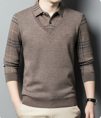 Premium V-Neck Sweater with Checked Collar – Warm Winter Knit Pullover