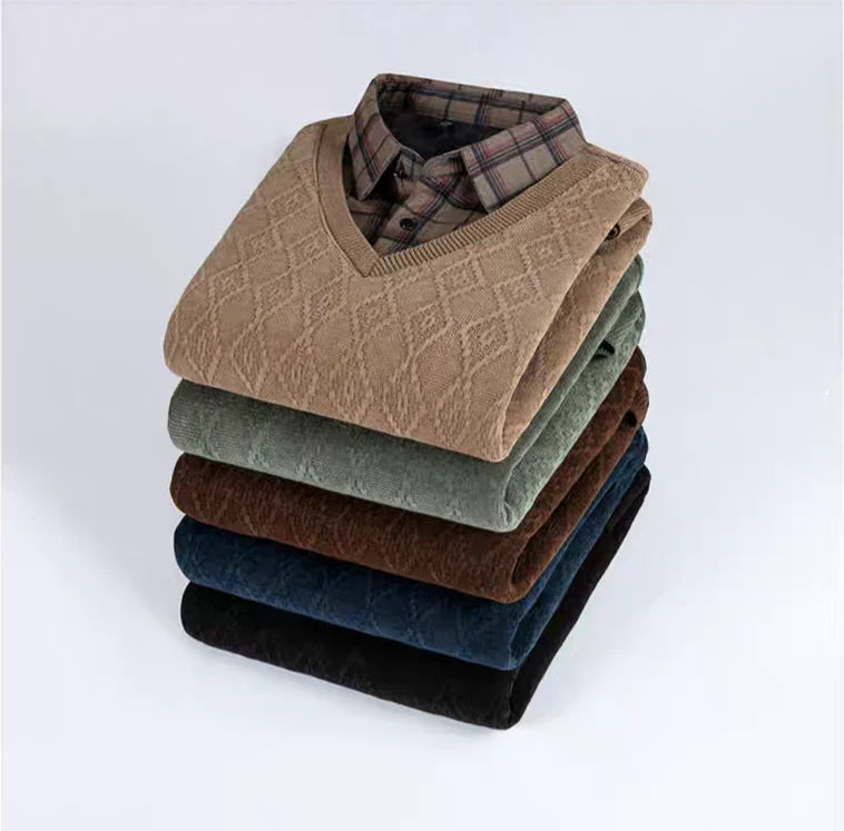 V-Neck Layered Sweater Shirt with Check Collar – Premium Winter Casual Wear